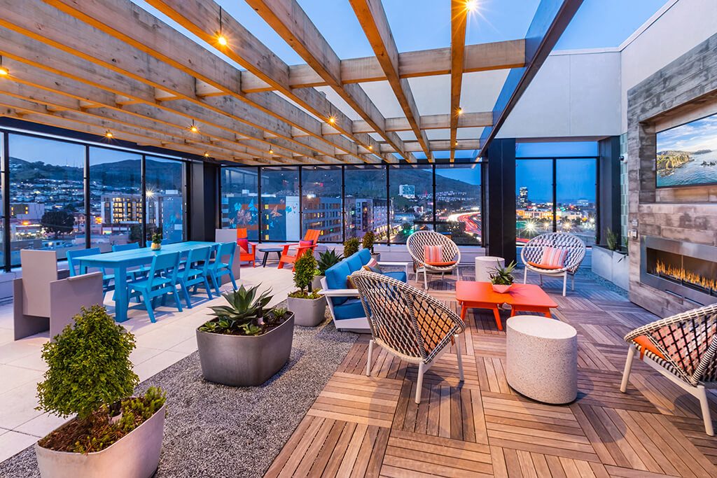 The rooftop terrace fire pit at the Altitude Apartments in San Francisco, California.